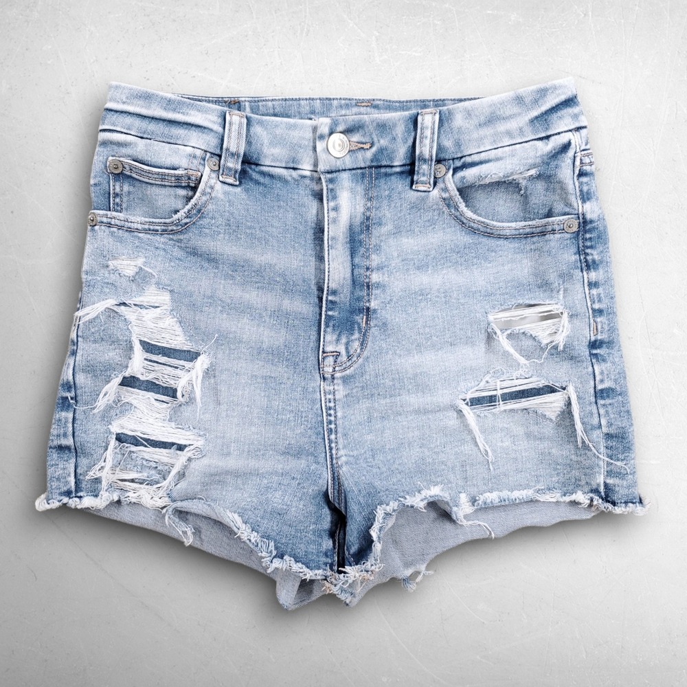 American Eagle Curvy Hi-Rise Shortie Women 2 Blue Stretch Distressed Raw‎ Hem VP